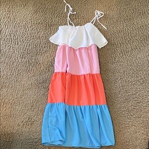 Colorblock Tiered Sundress - White, Pink, Coral & Blue